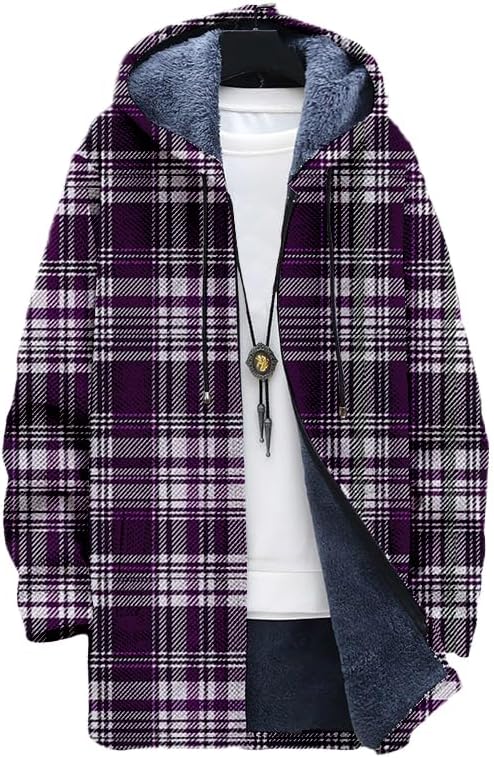 Sherpa Hoodie Fleece - Cardigan xadrez masculino com capuz grande